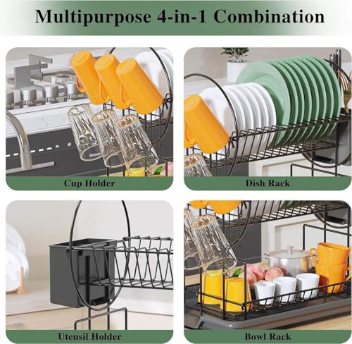Image of JD FRESH 2 Tier Dish Drainer Rack for Kitchen /Space Saving Dish Stainer with Utensils Drying Rack /Plate Stand with Drain Tray & Glass Holder /Countertop Dish Drainer Kitchen Rack (Black)