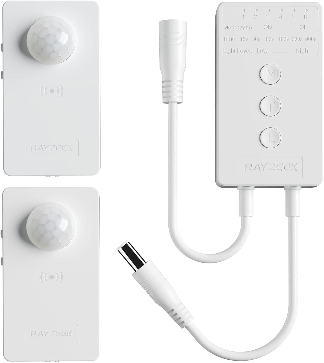 RAYZEEK Wireless Motion Sensor Controller Kit-No Wiring Mini PIR Sensor Switch 12/24VDC RF Wireless Control Led Strip Lights with Dimmable,Timer for Stairway(1 ×Controller+2 ×Motion Sensor)