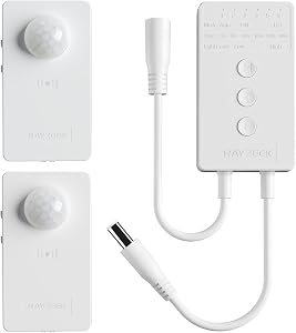 RAYZEEK Wireless Motion Sensor Controller Kit,12/24VDC Mini RF Wireless Led Strip Lights Controller with PIR Sensor,for Stairs,Gun Safe,Under Bed,Garage(1 ×Controller+2 ×Motion Sensor)