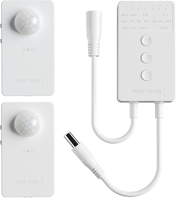 RAYZEEK Wireless Motion Sensor Controller Kit,12/24VDC Mini RF Wireless Led Strip Lights Controller with PIR Sensor,for Stairs,Gun Safe,Under Bed,Garage(1 ×Controller+2 ×Motion Sensor)