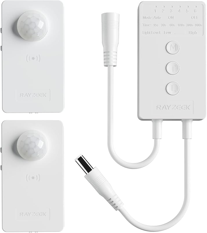 RAYZEEK Wireless Motion Sensor Controller Kit-No Wiring Mini PIR Sensor Switch 12/24VDC RF Wireless Control Led Strip Lights with Dimmable,Timer for Stairway(1 ×Controller+2 ×Motion Sensor)