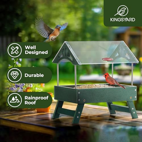 Kingsyard Ground Bird Feeder for Outdoors - Recycled Plastic Platform Feeder for Wild Birds, Rainproof Squirrel Feeders, 5 LBS Large Capacity, Green - Thumbnail 2
