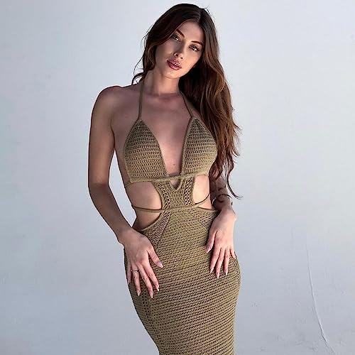 Vestido longo feminino de crochê, colado ao corpo, sem mangas, amarrado, costas nuas, recortado, ver