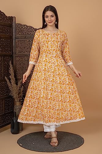 Image of MEERA FAB Women's Cotton Printed Anarkali Kurta with Palazzo & Dupatta Set