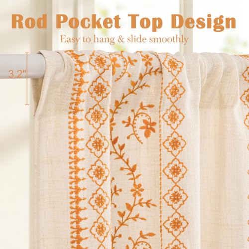 Image of Yinhua Boho Kitchen Curtains 36 Inch Length Orange Embroidered Floral Cafe Curtains, Light Filtering Farmhouse Kitchen Window Curtain Rod Pocket Short Tier Curtains for Windows, 26 inch W x 36 inch L
