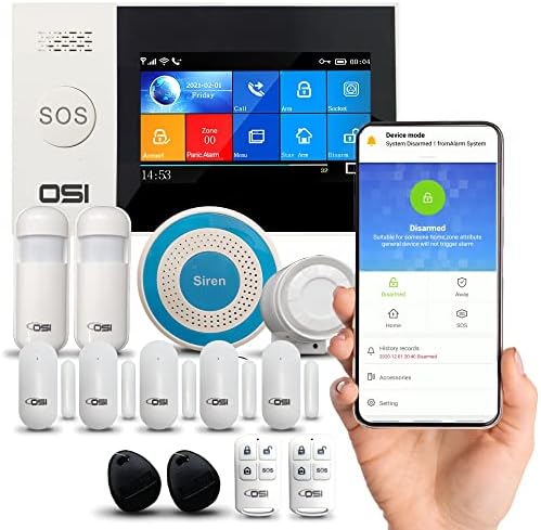 【OSI Wireless WiFi Smart Home Security DIY Alarm SYSTEM-14 Piece】 DIY Home Wi-Fi Alarm Kit with Motion Detector,Notifications with app,Door/Window Sensor, Siren,Compatible with Alexa,NO Monthly Fees