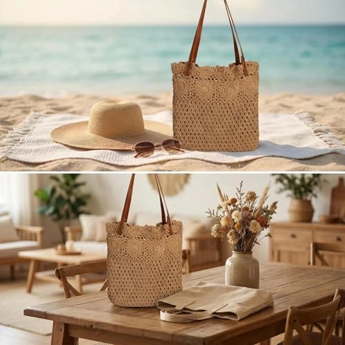 Image of Eiyye Crochet Tote Bag Handwoven Cotton Beach Shoulder Bag with Linen Lining Hobo Summer Vacation Purse for Women