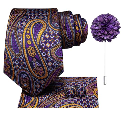 Image of Hi-Tie Men Silk Ties Set with Flower Lapel Pin Necktie Pocket Square Cufflinks for Tuxedo Wedding Business