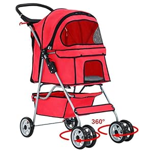 4 Wheels Pet Stroller Cat Dog Strollers Double Folding Carrier Cart Jogger Doggy Puppy Stroller with Zipper Mesh Door for Small Medium Animals Up to 33Lbs Red