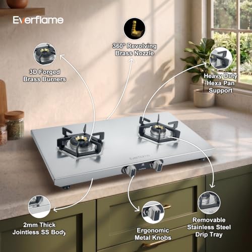 Image of Everflame Hexon 2 Burner Stainless Steel Gas Stove | 2mm Jointless Body | 3D Forged Brass Burners | Euro Coated Pan Supports | Manual Ignition | ISI Certified | 2 Years Manufacturer Warranty