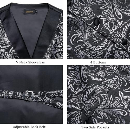 Image of DiBanGu Mens Paisley Suit Vest Silk Jacquard Waistcoat and Necktie Set Formal Shawl Collar Dress Vest 7PCS for Wedding Party