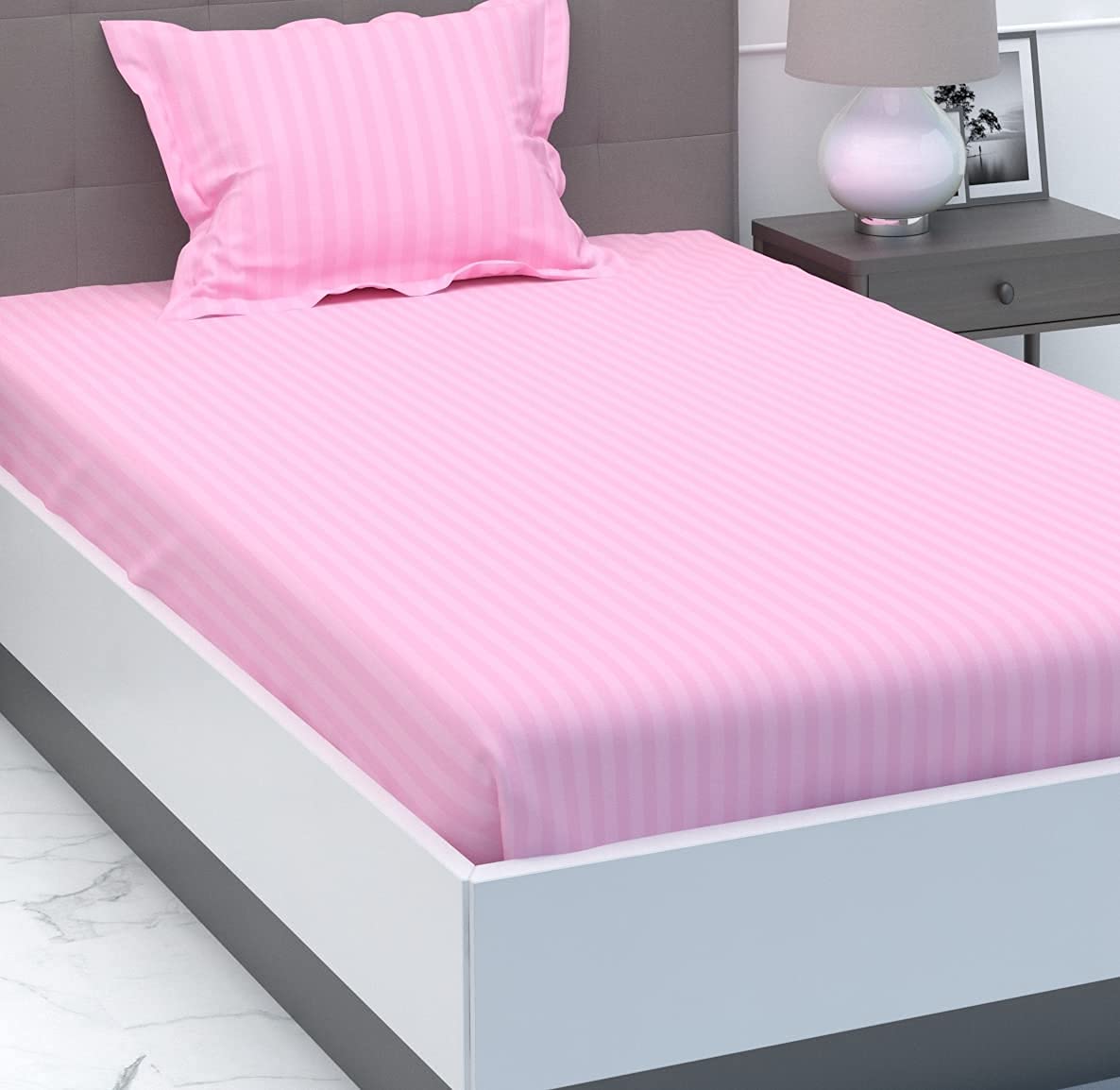 Purav Light Microfiber Flat Single Bed Bedsheet| Plain Striped Cotton Bedsheet with 1 Pillow Cover for Queen Size Bed| Supersoft 340 TC| Breathable| Wrinklefree| (Size: 60x90 inch, Pink Color)-image-14