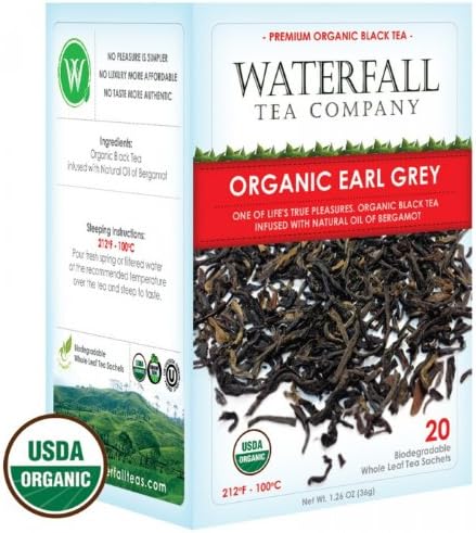 Waterfall Tea Company Organic Earl Grey, Biodegradable Whole Leaf Pyramid Tea Sachets, 20 Counts