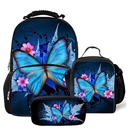 Sacs d'école chaqlin pour Filles High School Bookbags Sac à Dos Papillon Bleu avec boîte à Lunch Porte-Aliments et étui à Crayons Stylo Pochette 3PCS Cover