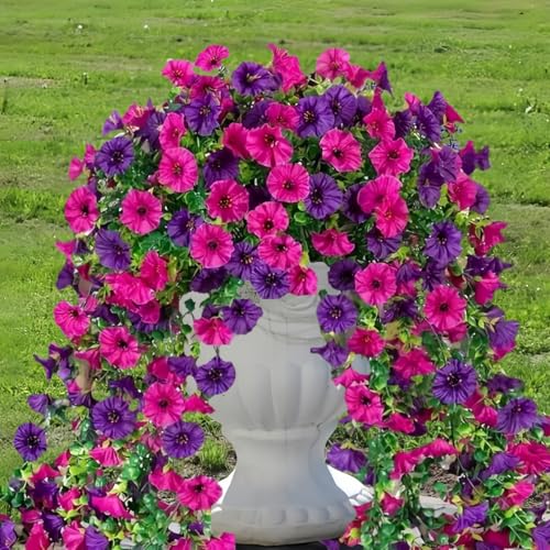 4 Pack Artificial Hanging Flowers, Fake Flower Morning Glory with Eucalyptus Leaves for Spring Summer Decoration, UV Resistant Look Real for Outdoor Home Indoor Planter Porch Patio image 2
