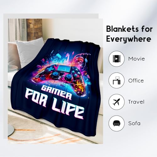 Gamer Blanket - 40x50 Inches Cool Throw for Boys, Girls - Blue Soft Fuzzy Blankets for Couch, Sofa & Office