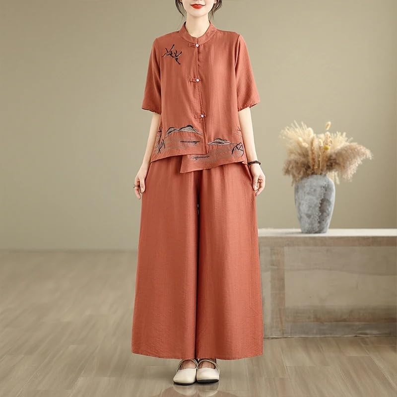 Omen Cotton Linen Two Piece Set V Neck Blouse Wide Leg Pants Casual Spring Summer Outfit