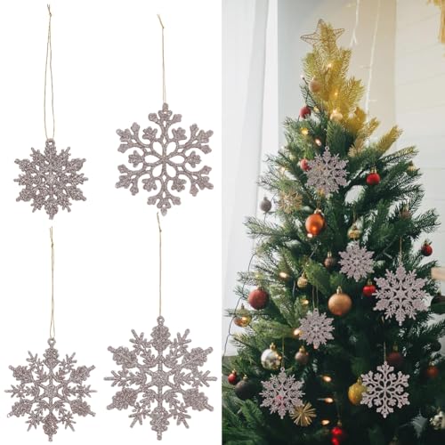 GORGECRAFT 36pz Adornos de Copos de Nieve de Plástico con Purpurina Marrón Rosado Copos de Nieve con Cuerda Colgante Árbol de Navidad de Invierno el Hogar Fiesta de Navidad de Ventanas Techos Manualid