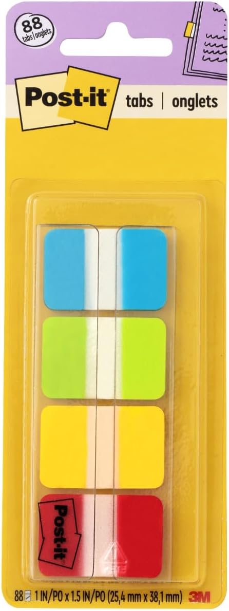 Post-it Sticky Tabs, 1 in. x 1.5 in., 4 Pads of Book Tabs in Assorted Colors for Bookmarking, Annotating, Reading, and Reminders, Green, Blue, Red, and Yellow Colors (88 Total Count)