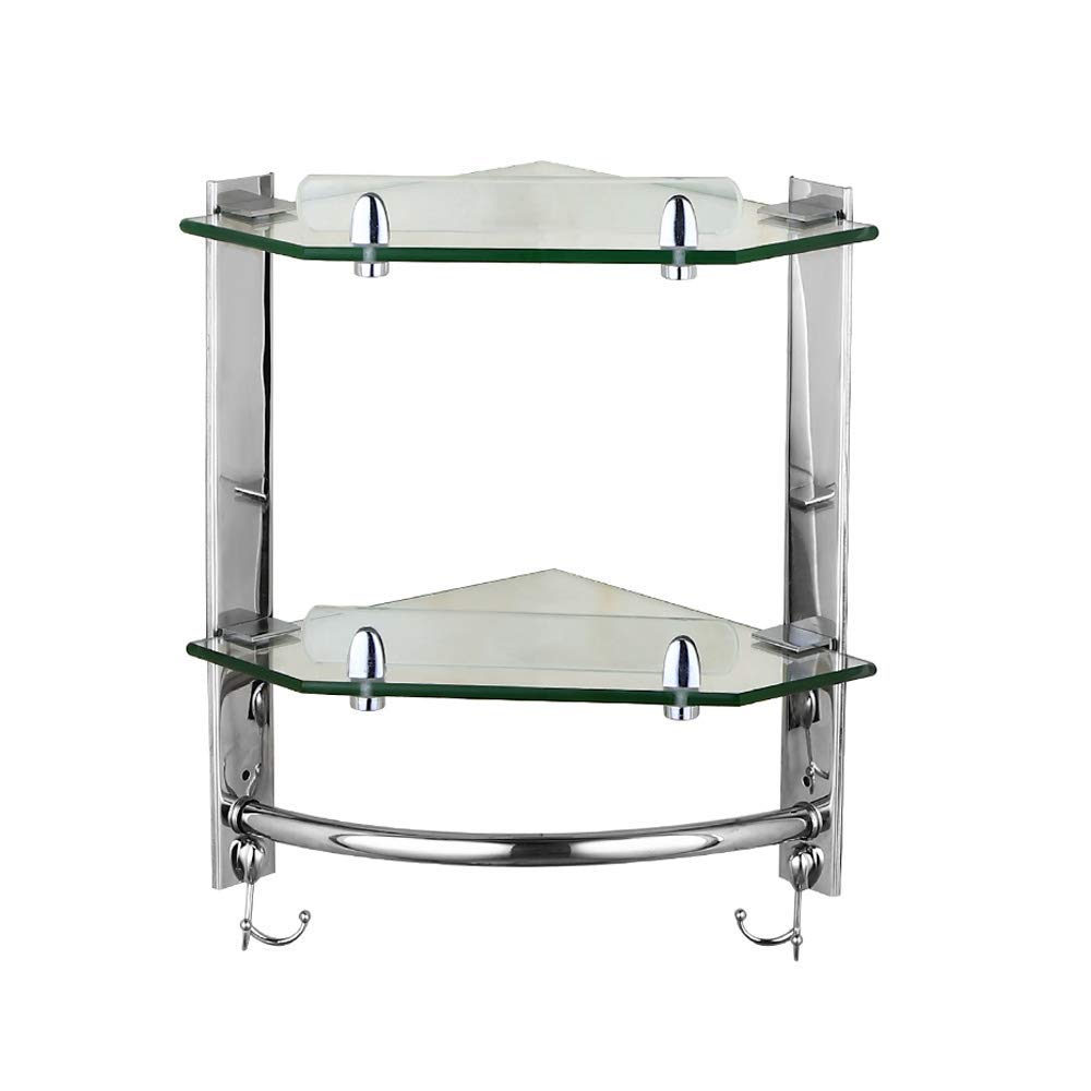 USZWBY Glass Double Bathroom Shelf Thicken Stainless Steel Shower Caddy Toilet 2 Tier Storage Basket Wall Mounted Tripod