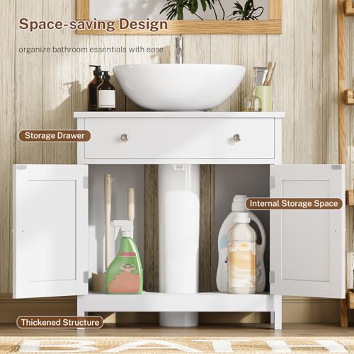 Image of TEENFON Pedestal Sink Storage Cabinet with 2 Barn Doors and Drawer, Bathroom Sink Cabinet with U-Shape Cut-Out, Pedestal Sink Cabinet, White