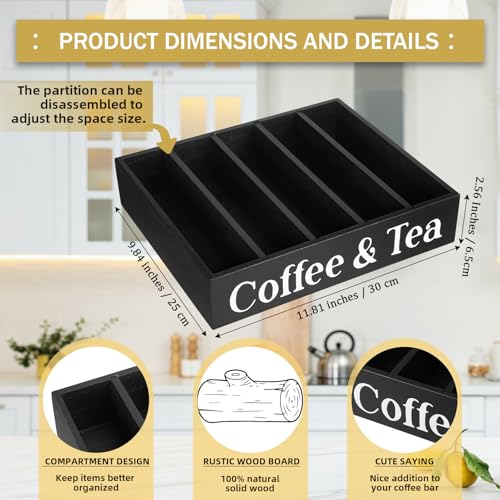 Soaoo Coffee Station Organizer Wooden Coffee and Tea Holder Countertop Accessories with 4 Removable Dividers, Condiment Organizer Adjustable Cafe Pod Holder Home Office Bar Kitchen - Thumbnail 3