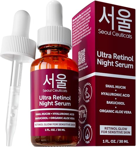 Image of SeoulCeuticals 1% Korean Retinol Night Serum - 97.5% Snail Mucin + Hyaluronic Acid + Bakuchiol - Cruelty Free K Beauty Retinol Face Serum for Sensitive Skin - 30ml