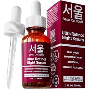 SeoulCeuticals 1% Korean Retinol Night Serum for Face – 97.5% Snail Mucin + Hyaluronic Acid + Bakuchiol, Cruelty Free K Beauty for Sensitive Skin 1oz