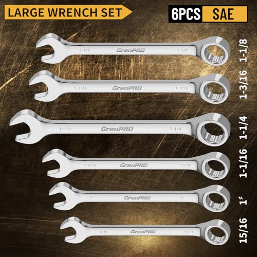 GRENPRO SAE Wrench Set, Large Wrench Set, 7-Piece 15/16\", 1\", 1-1/16\", 1-1/8\", 1-3/16\", 1-1/4\" Long Big Open End Wrench Tools Set Roll Up Pouch Organizer with Gauge, 12 Point Combination Wrenches Sets - Thumbnail 2