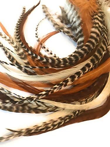 Thick Hair Feathers and Beads, 100% Real Rooster Feather Hair Extensions, Long Grizzly