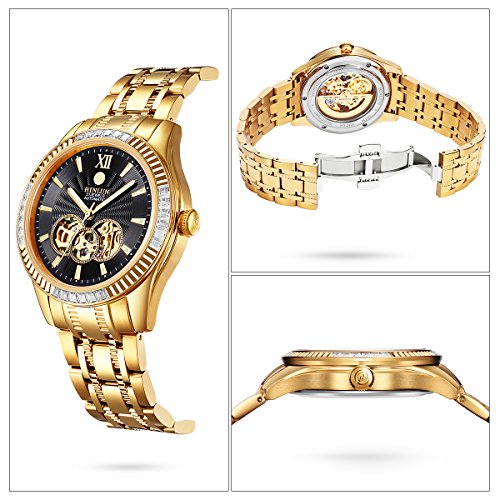 BINLUN Men's Automatic Gold Watches 18K Gold Plated Diamond Mechanical Watch Waterproof Stainless Steel Skeleton Wrist Watch for Men
