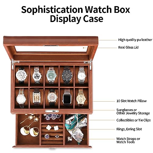 Image of Leather Watch Box with Drawer-10 Slots Locking Jewelry Watches Holder for Men-Luxury Watch Case Display Organizer-2 Tier Organizer Watch Showcase-Storage Case