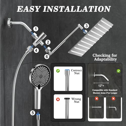 Image of 12 Inch Shower Head, Rain Shower Head with Adustable Extension Arm, Detachable Silver Rina Shower Head with Handheld Spray, High Pressure Shower Hose with Holder in Bathroom(Silver)
