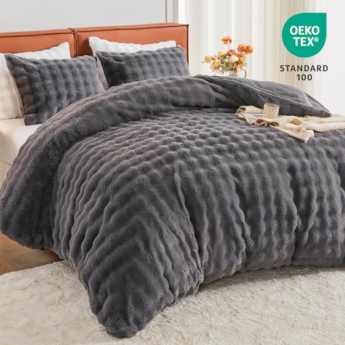 Image of EMME Faux Fur Duvet Cover Twin Size, 2 Pieces Ultra Soft Fluffy Comforter Cover, Cozy Warm for Winter, Luxury Elegant Shaggy Bubble Design Bedding, 1 Duvet Cover & 1 Pillow Shams (Twin, Dark Grey)