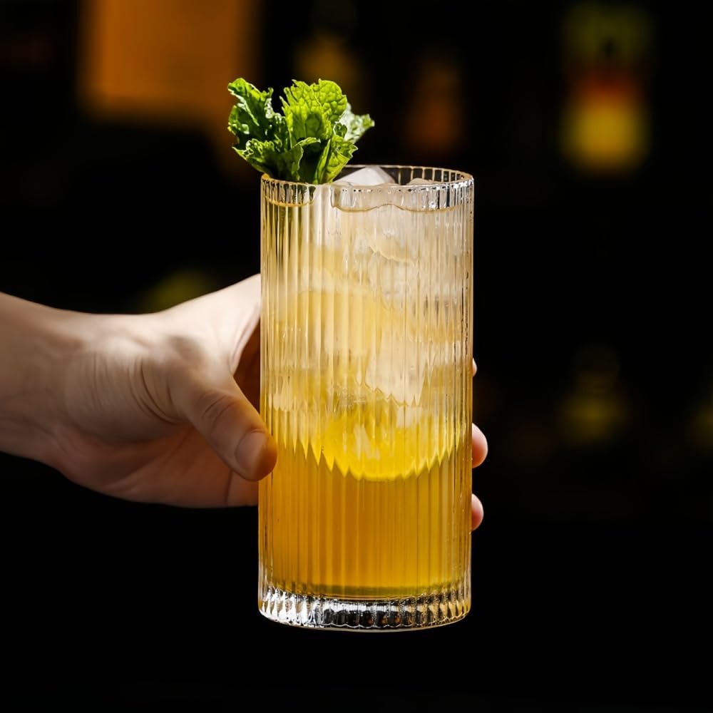 Glass Cups Vintage Glassware Set of 4 Large, Origami Style Transparent Cocktail Glasses Set, Bar Beverages Ice Coffee Cup Juice Ripple Drinkware, Fluted Design - Image 3