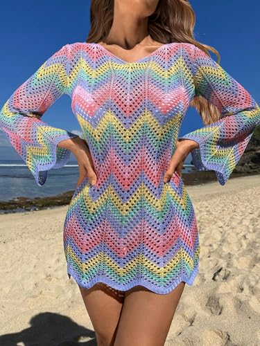 Womens Crochet Knit Color Block Swimsuit Coverup Mini Dress Summer 2025 Long Sleeve Beach Bathing Suit Cover Up4