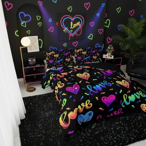 Image of QOOMO Colorful Love Kids Bedding Set, Love Heart Print Comforter Set for Boys Girls Teen Room Decorat, Black Soft Lightweight Bed Set All Season Full Size, 1 Comforter Set 2 Pillowcases