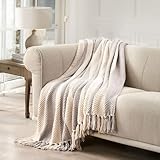 EVERGRACE Striped Chenille Knit Grey Throw Blanket for Couch, Textured Woven Boho Knitted Blanket for Bed, Super Soft Cozy Shabby Chic Knit Throw with Tassels for Farmhouse Home Decor, 50”x60”