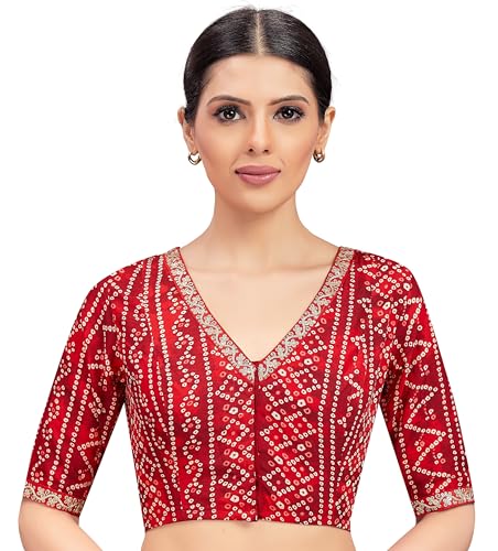 Image of Studio Shringaar Women's Cotton Bandhni Printed & Embroidered Saree Blouse With Elbow Length Sleeves
