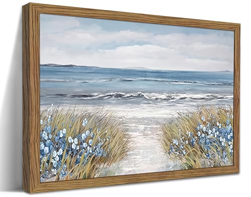Wood Framed Coastal Beach Wall Art, Vintage Floral Ocean Landscape Canvas Wall Decor Paintings, Blue Boho Farmhouse Coastal Posters Prints Pictures for Living Room Bedroom Bathroom 12x16 Inch