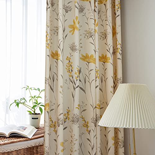 SUOUO Yellow Floral Curtain for Living Room Boho Chenille Patterned Grey Leaf 84 Inches Long 2 Panels Light Filtering Window Drapes for Bedroom Dining Sunflower