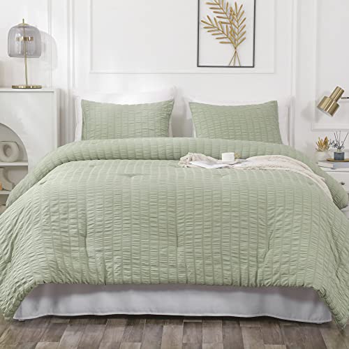 Yozen Sage Green King Seersucker Comforter Set (104X90 Inch), 3 Pieces Textured Comforter With 2 Pillowcases, Soft Lightweight Microfiber Down Alternative Bedding Set For All Season #TOP2