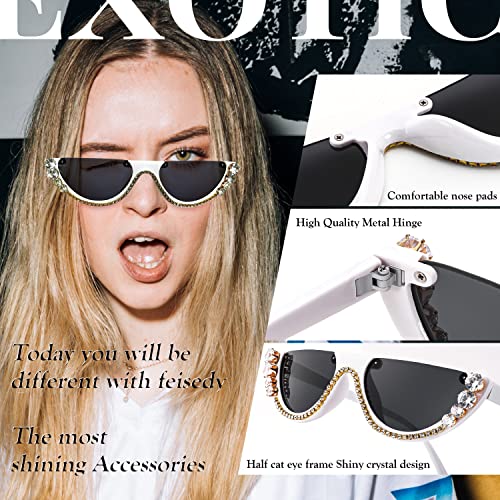 Image of FEISEDY Women Crystal Cateye Sunglasses Half Frame Sparkling Trendy Retro Clout Goggles B2975