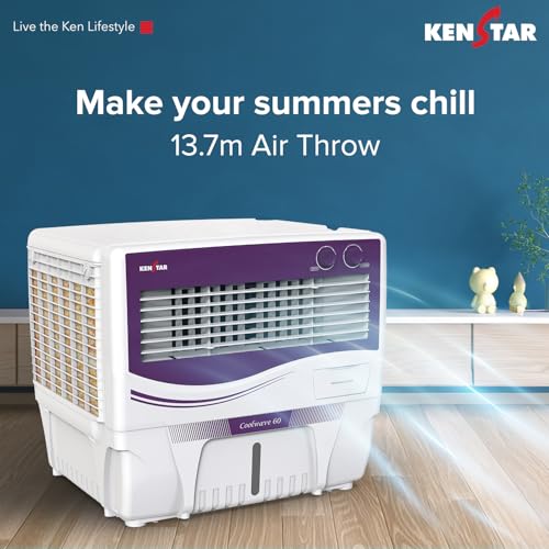 Image of Kenstar COOLWAVE 60 L Air Cooler with Woodwool Cooling Media |5-star BEE Rating | 200 W|Purple & White