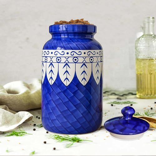 Image of Pure Source India Ceramic Pickle Jar with Lid | Airtight Ceramic Storage Container for Pickles, Chutney, Spices & Dry Snacks | Glossy Handmade Kitchen Storage Jar