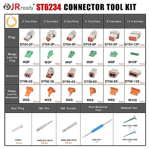 JRready ST6234 DT Deutsch Connector Kit,2 3 4 6 8 12 Pin Gray Waterproof IP67 Electrical Connector with Solid Contacts Pick Removal Tool Automotive Repair Accessory Kit
