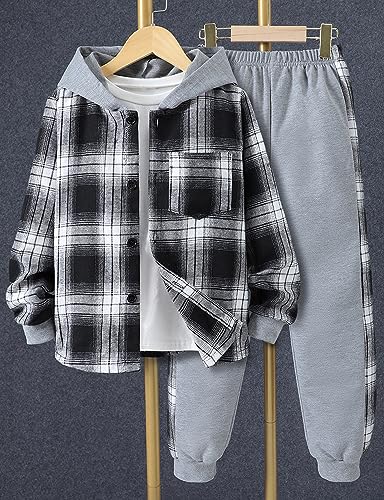 Image of Little Boys Two Pieces Outfit Kids Plaid Color Front Button Down Hoodie Sweatshirt and Jogger Sweatpants Sets