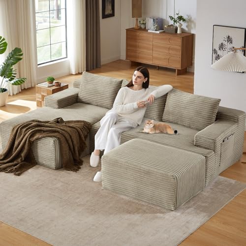 Image of 96.1 inch Modular Sectional Sofa with Ottoman, Modern Corduroy Cloud Couch, Boneless Couch Upholstered 3-Seater U-Shaped Sofa for Living Room, No Assembly (Camel, Right-Facing Chaise)