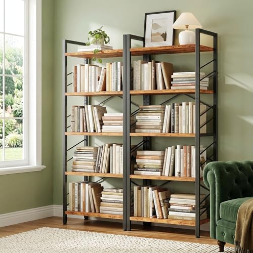 Image of DurayLoly 2 Pieces 5 Tier Bookshelf for Narrow Space, Rustic Brown | Small Space Dwellers , Sidebars and Metal Frame