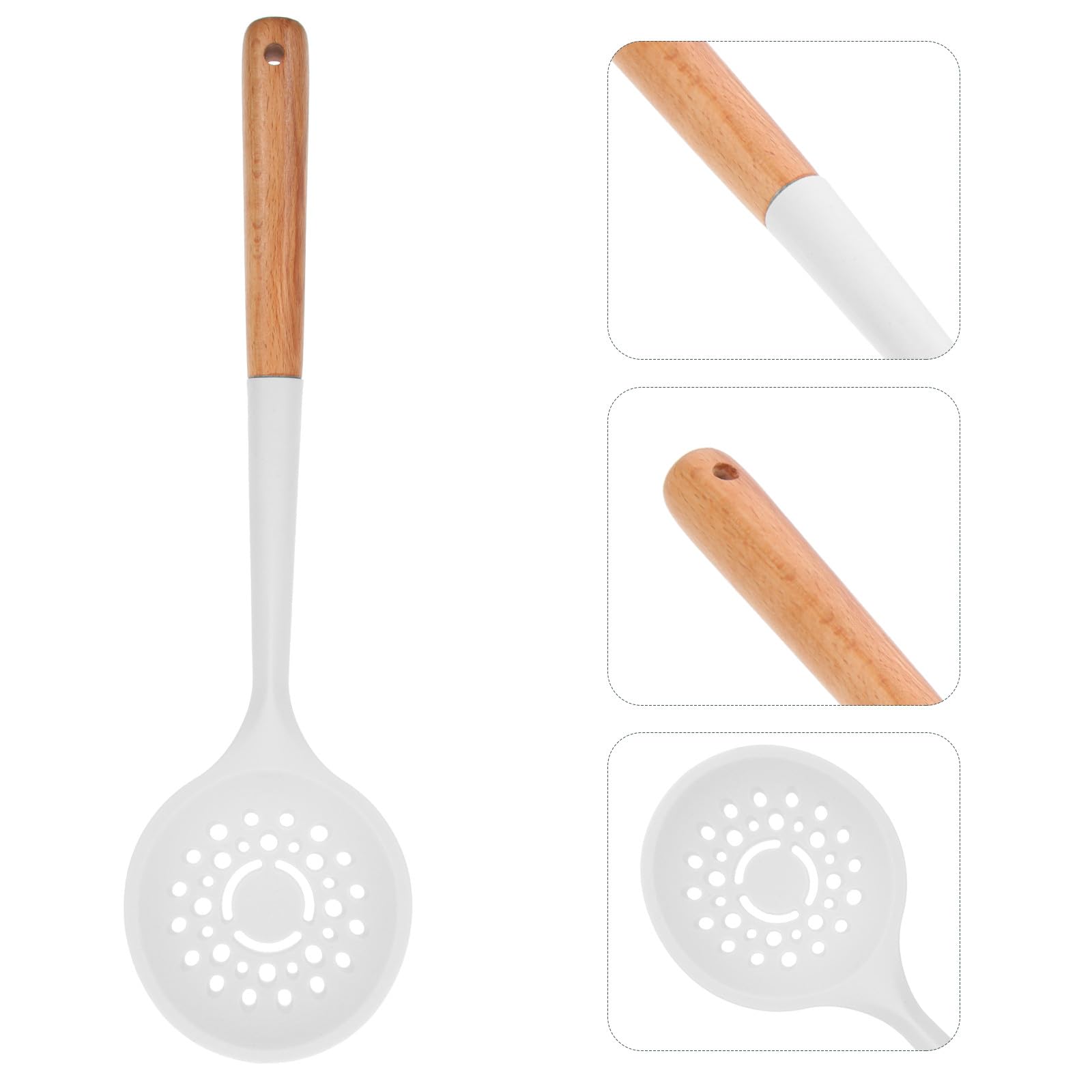 Schiumarola in Silicone Manico in Legno per Cucina Domestica | Colino Forato per Noodles e Brodi, Leggero e Resistente alla Corrosione, Utensile da Tavola per Uso Quotidiano